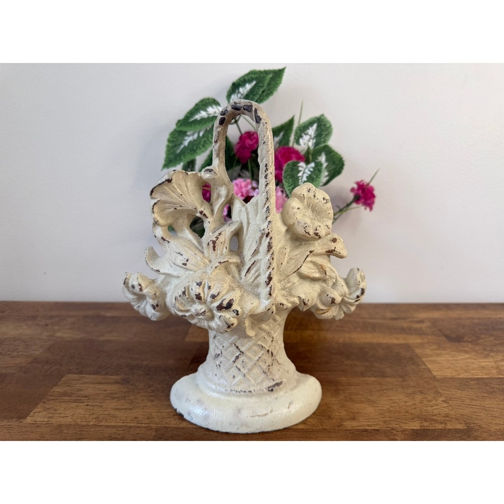 Vintage Cast Iron Door Stop Floral Basket White Distressed Cottage Garden Decor